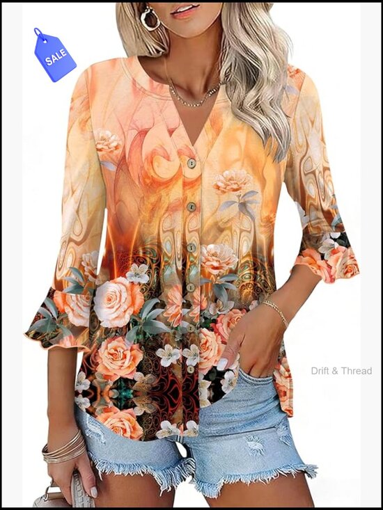 Tops - 3/4 Sleeve V-Neck Button Down Tunic Tops Women Casual Blouse Ruffle Bell Sleeve